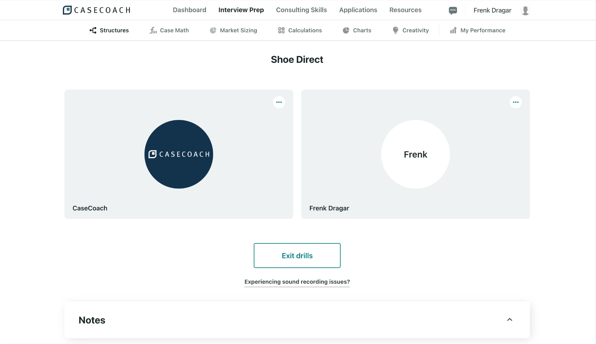 CaseCoach Structure Drill interface with AI voice practice