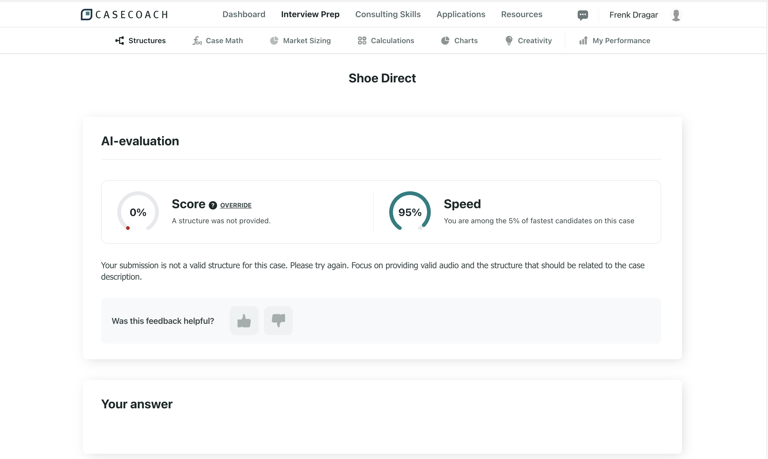 Graded written feedback from a CaseCoach AI drill